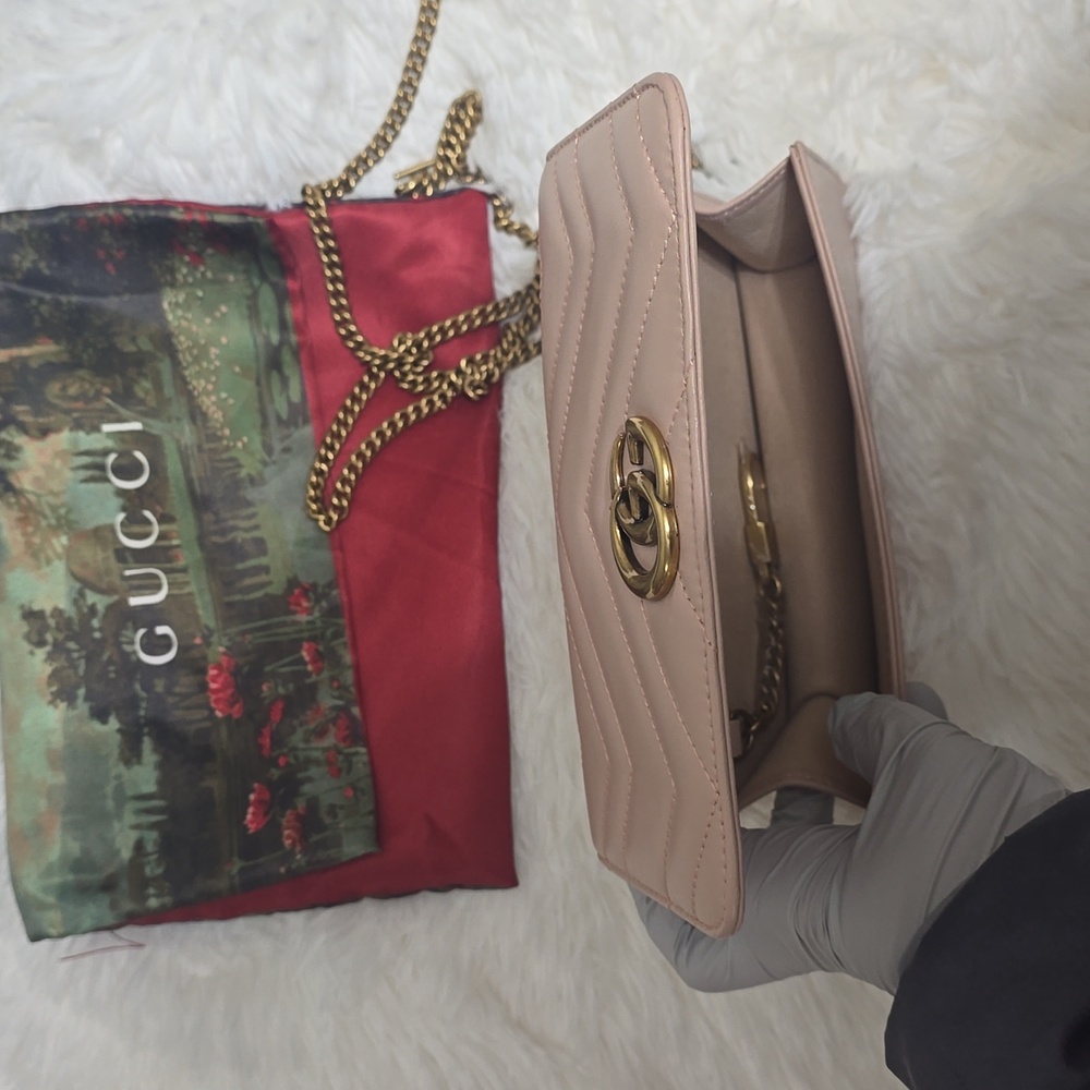 Gucci Nude Leather Marmont Mini Chain Cross body with Gold Logo